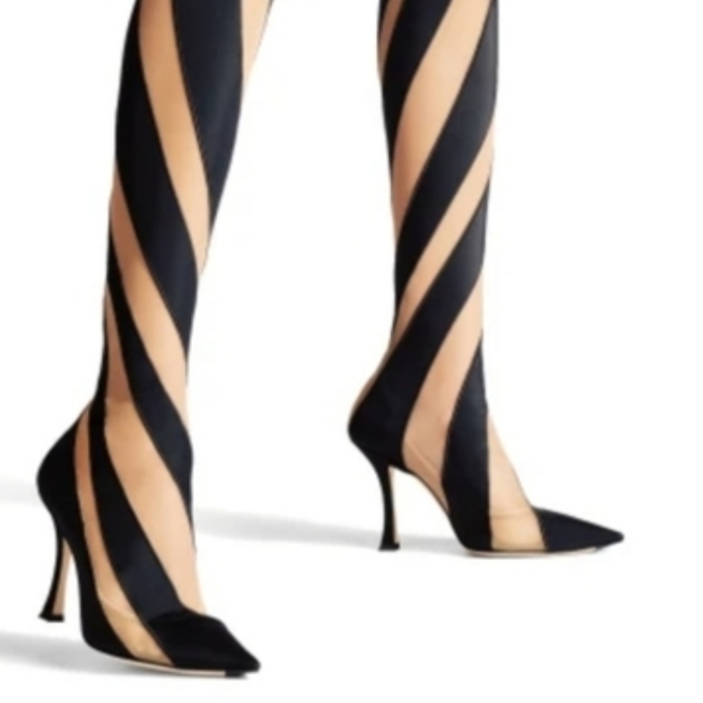 Over-the-Knee Striped Thigh High Boots - Black & Tan Illusion Mesh Heels - Picture 6 of 13